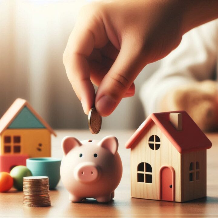 Çocuğun eğitim ve bakım giderleri için ödenen iştirak nafakasını simgeleyen kumbara ve ev görseli