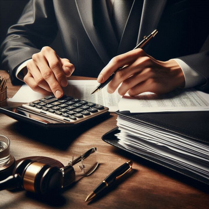 İşçinin fazla mesai ve tazminat alacağını hesap makinesi ile titizlikle hesaplayan avukat görseli.