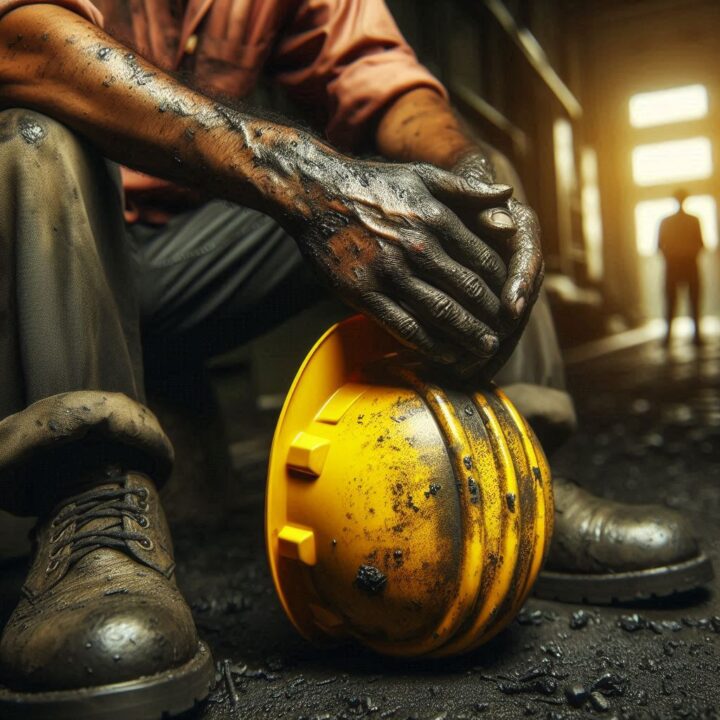 Zorlu çalışma koşullarında emeğinin karşılığını arayan işçiyi simgeleyen baret ve yıpranmış eller görseli